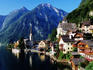 Picturesque Hallstatt (Austria), overlooking the lake with mountains in background.