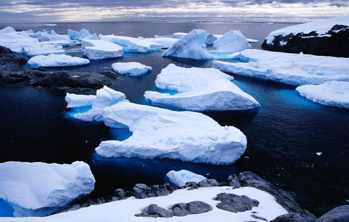 Icebergs in bay at Petermann Island, Wilhelm Archipelago.