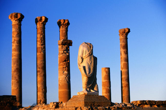 Columns and sculptures in Roman ruins, Sabratha (Sabrata).