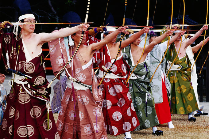 Archers in traditional dress at a contest at Kamigamo-Jinja.