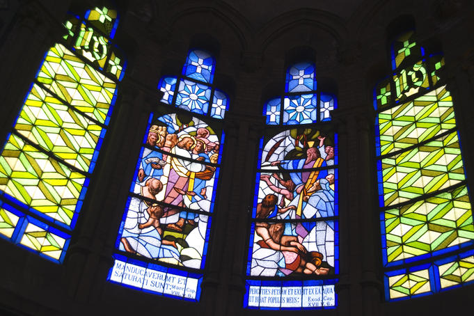 Stained glass windows in church of the Hospital de la Santa Creu i de Sant Pau.