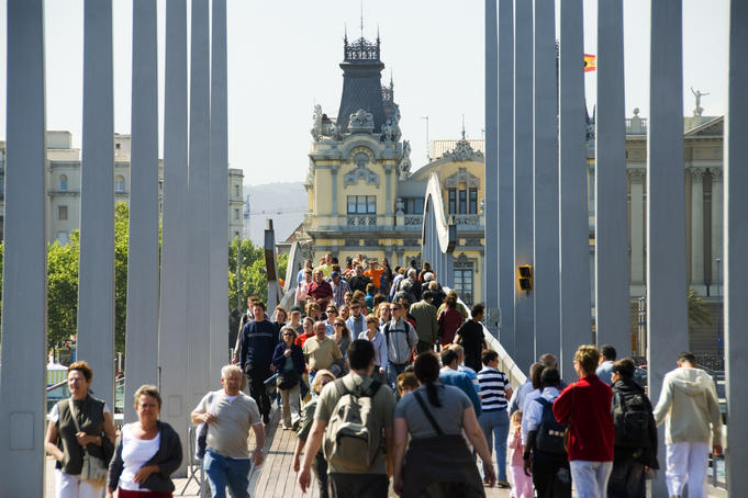 Rambla del Mar, wave-shaped footbridge, the gateway to Port Vell (Barcelona)