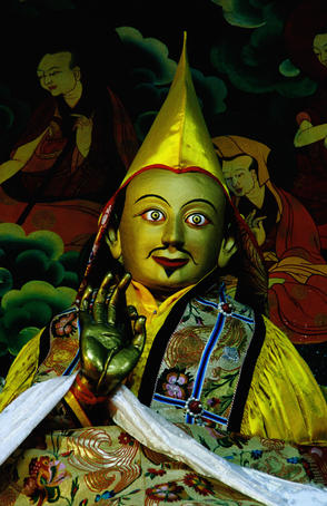 Statue of fifth Dalai Lama, Main Assembly Hall, Drepung Monastery.