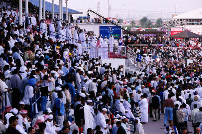 Dubai Royalty and VIPs at Nad Al Sheba Racecourse's Maktoum Grandstand on Dubai World Cup Day.