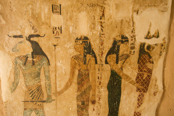 Ancient painting in tomb of Si Amun, mountain of the dead.