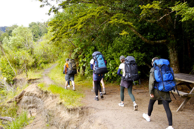Trampers on Great Walk around Lake Waikaremoana.
