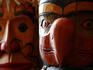 Native American wood carvings on display.