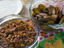 Popular Ghanaian food, Red Red (left) and fried plantains (right).