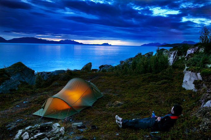 Camping at the bottom of the mountains, beside the sea, Lyngsalpene.
