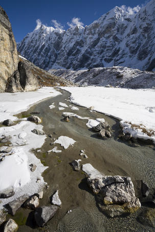 Small stream flowing beside lateral moraine of Upper Langtang Glacier.