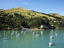 Aerial of boats on Akaroa Harbour.