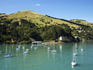 Aerial of boats on Akaroa Harbour.