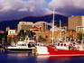 Boats at Victoria Dock with city buildings and Mount Wellington in background.