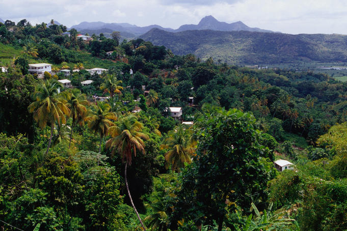 Village on slopes of Roseau Valley in Southern St Lucia.