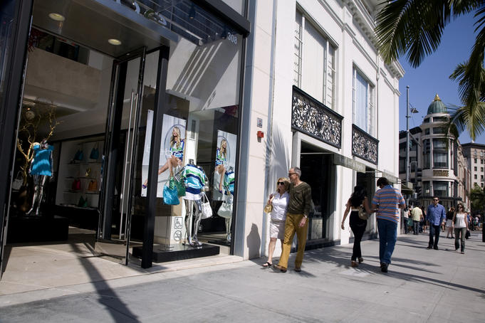 Shoppers on Rodeo Drive in front of Bebe store, Beverly Hills.