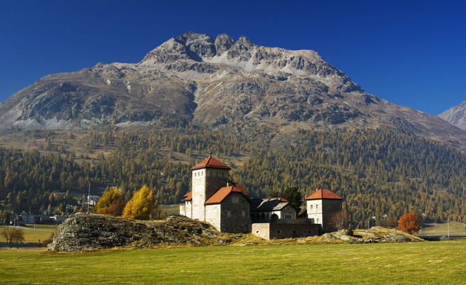 Neo-romantic Schloss Crap da Sass (castle) with Piz Albana in background, Silvaplana.