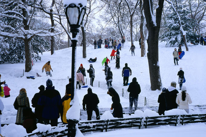 People ride sleds in snowy Central Park.