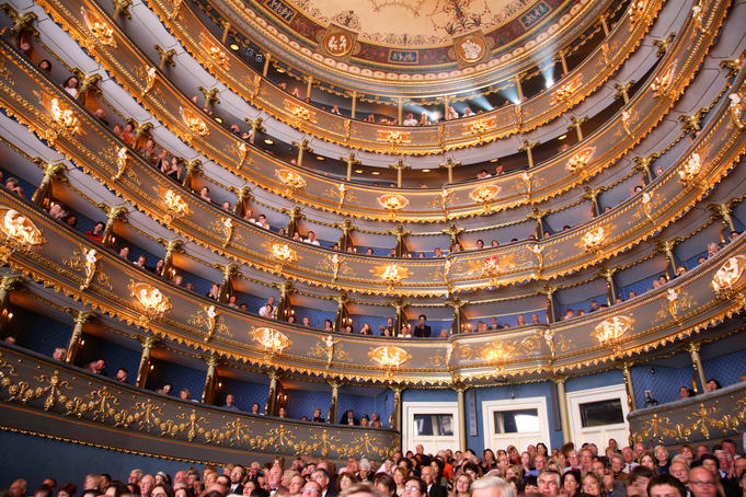 Interior of Stavoske Divadlowith with audience where Mozart's Don Giovanni was performed.