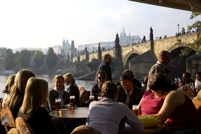 Outdoor restaurant overlooking the Vltava Moldau River.