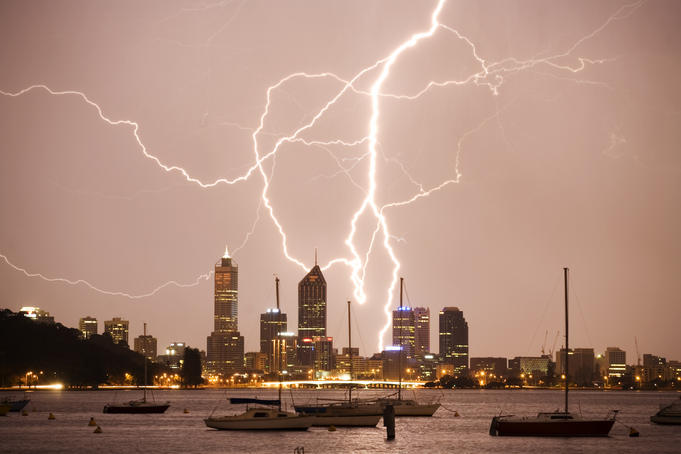 Lightning storm over Perth skyline from Matilda Bay.