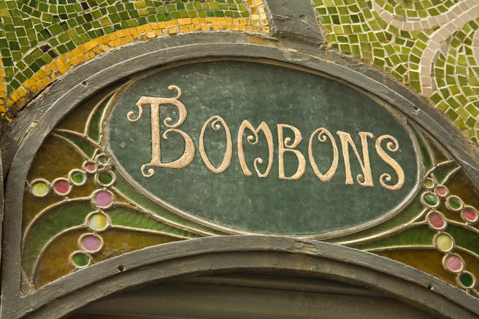Detailed sign for Escriba Pastisseria (historic sweet store), La Rambla Street.