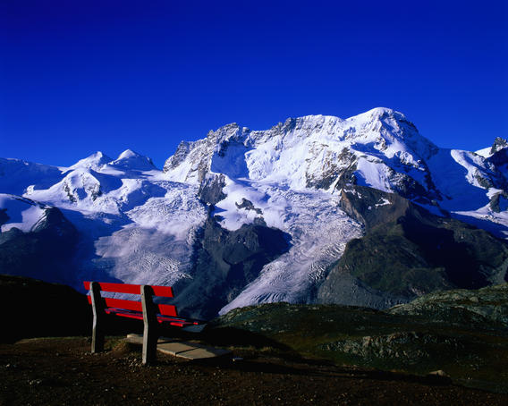 Bench overlooking Rotenboden, Breithorn and Breithorn Glacier.