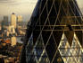 View of Norman Foster's 'Gherkin' building at 30 St Mary Axe, London.