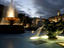 Trafalgar Square fountains at night.