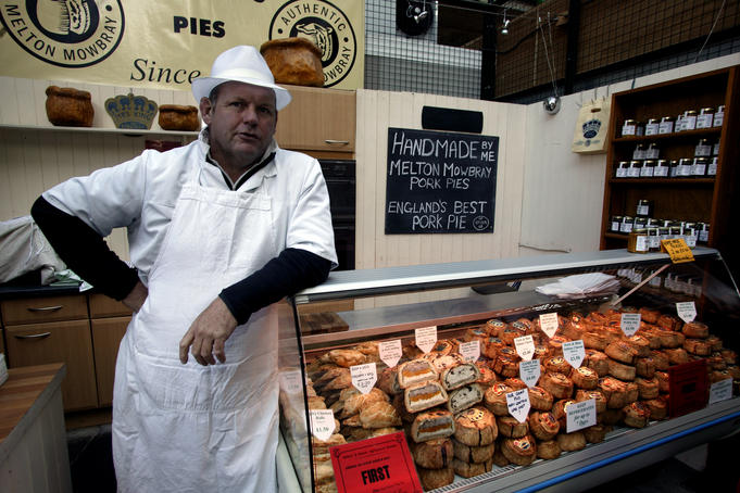 Pie shop and salesman, Borough Market.