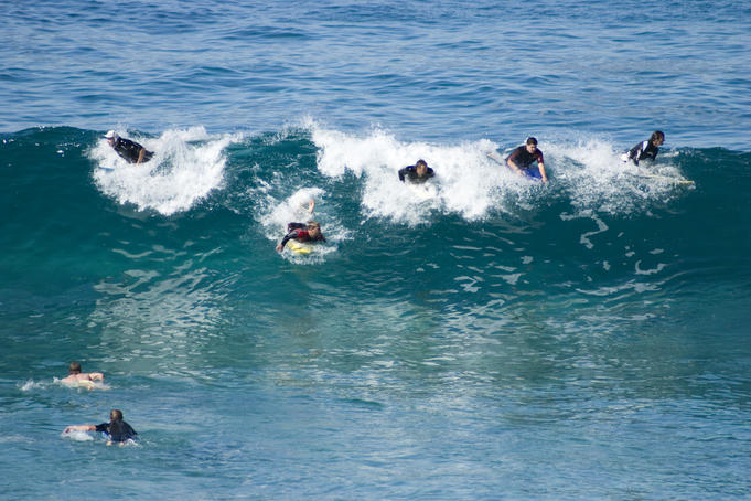 Surfers catching wave at Bronte Beach.