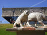 Sabre-tooth cat sculpture outside George C Page Museum at La Brea Tar Pits, Mid-City.