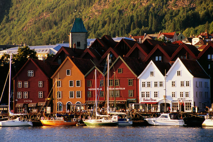 Vagen Harbour with Bryggen waterfront in distance.