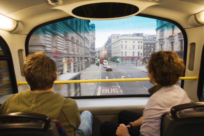 View from inside a new red double decker bus.