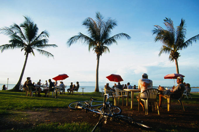 Drinking in the beer garden of the Darwin water-ski club at sunset - Darwin, Northern Territory