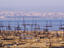 Overhead of oil wells from Bibi Hadat, south of Baku, in early evening.
