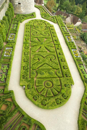 Overhead of English style garden from Tower of Brittany, Chateau de Hautefort.