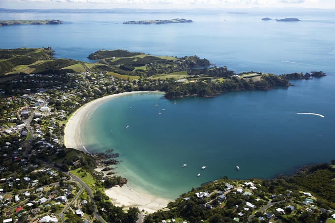 Aerial of Oneroa Bay, Waiheke Island.