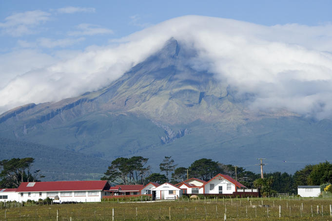 Puniho Marae and Mt Taranaki (aka Mt Egmont).