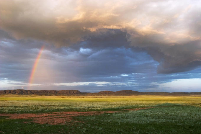 Rainbow over the steppe near old Soviet nuclear testing area.