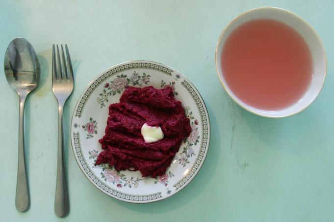 Pink, red and blue food and drink served at canteen in the sanatorium at Rachmanov's Springs.