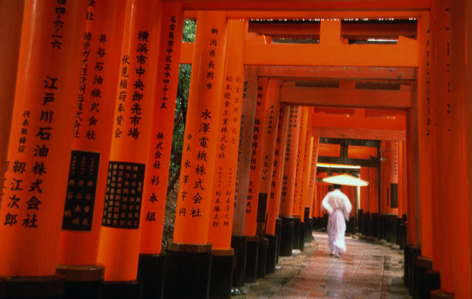 Traditional torii with inscriptions at Fushimi Imari shrine, south of Kyoto.