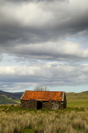 Cottage ruin in barren countryside.