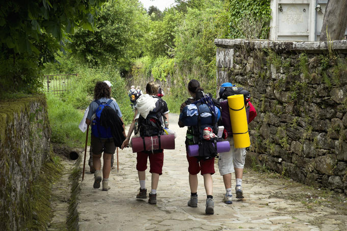 Pilgrims walking the Camino de Santiago.