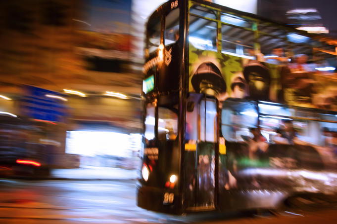 Hong Kong tram on street near Western Market.