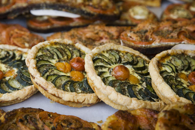 Quiche for sale at the market.