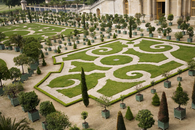 Geometric patterns are a feature of the gardens at the Chateau de Versailles.