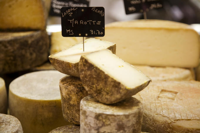 Cheese on display at market in Bordeaux.