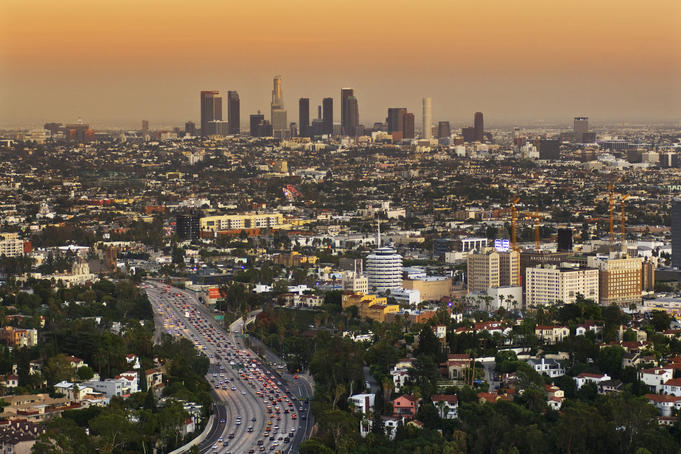 Los Angeles Downtown as seen from Hollywood Bowl Overlook, at dusk.
