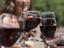 Toasting with red wine glasses aboard houseboat on Canal de la Marne au Rhin.
