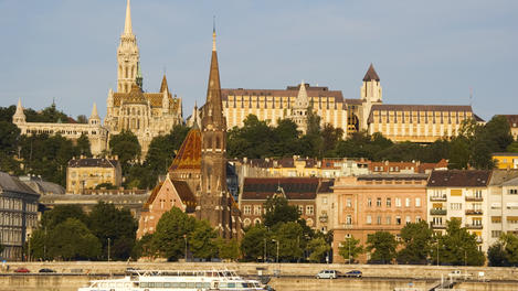 Castle Hill with Matthias Church seen from across the Danube River.